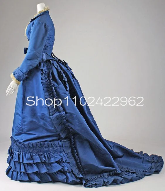 Vestido de baile victoriano azul marino Steampunk, vestidos de graduación con manga larga, mancha de seda fruncida, vestido de noche histórico de reserva occidental