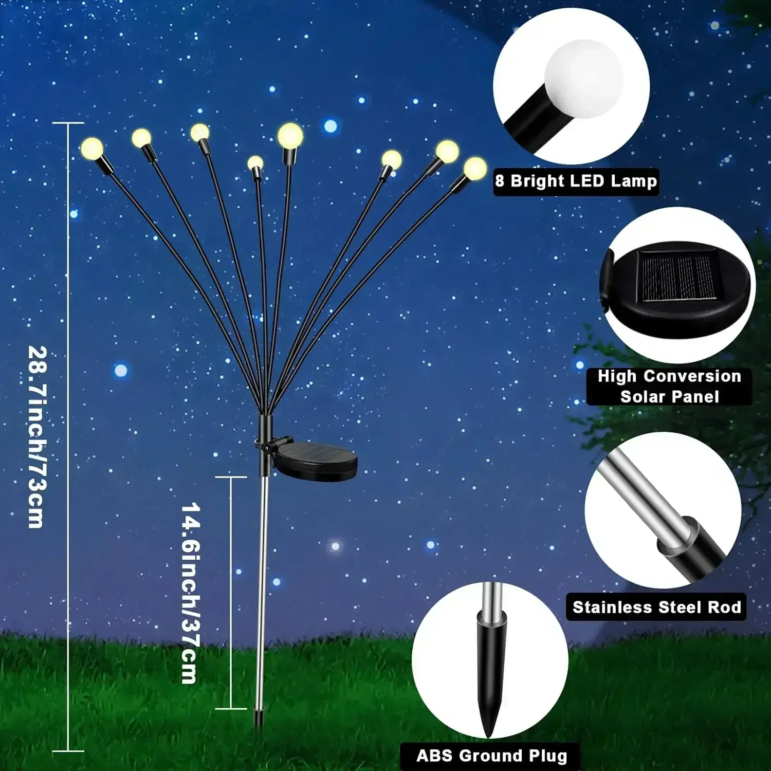 Lumières solaires de Noël de jardin de luciole, lumières de pelouse de luciole, blanc chaud, éclairage de RVB, décoration de cour, 8 LED, paquet de 2