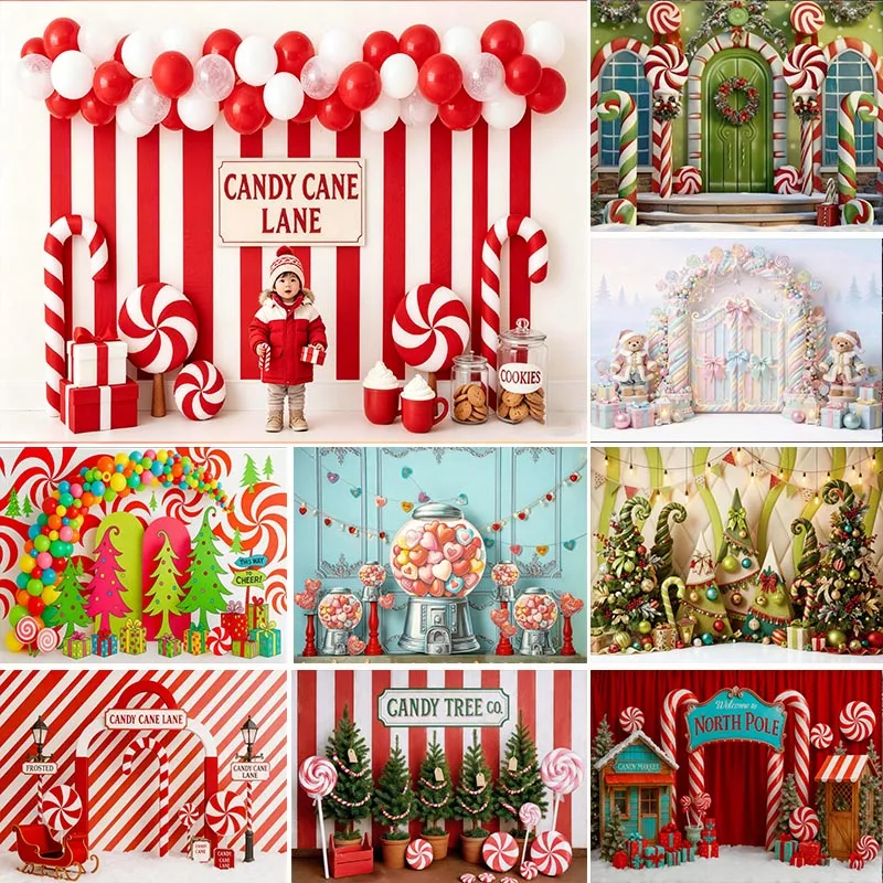 LS Cute Green Red Whimsical Christmas Candy Cottage Photo Backdrop Winter Kids Portrait Holiday Studio Photography Background