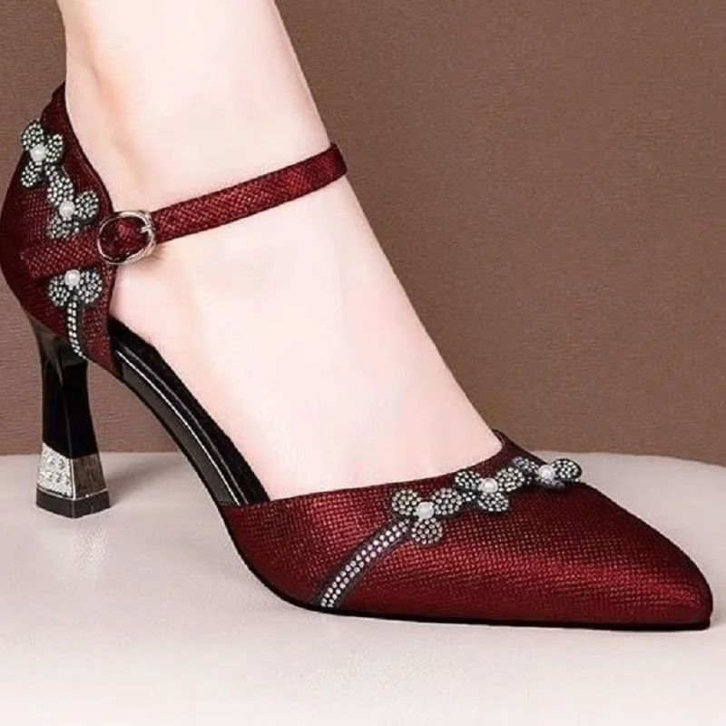 Chaussures à talons aiguilles pour femmes, avec boucle décorative, motif floral rouge vin, bleu marine, confortables, sexy, pour soirée, b589
