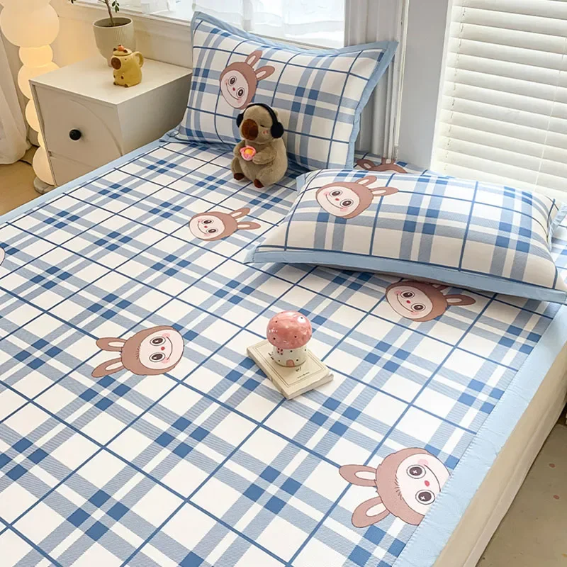 Summer Cartoon Printed Silky Bed Mat Set Machine Washable Skin Friendly Soft Cushion Mattresses for Home Student Dormitories