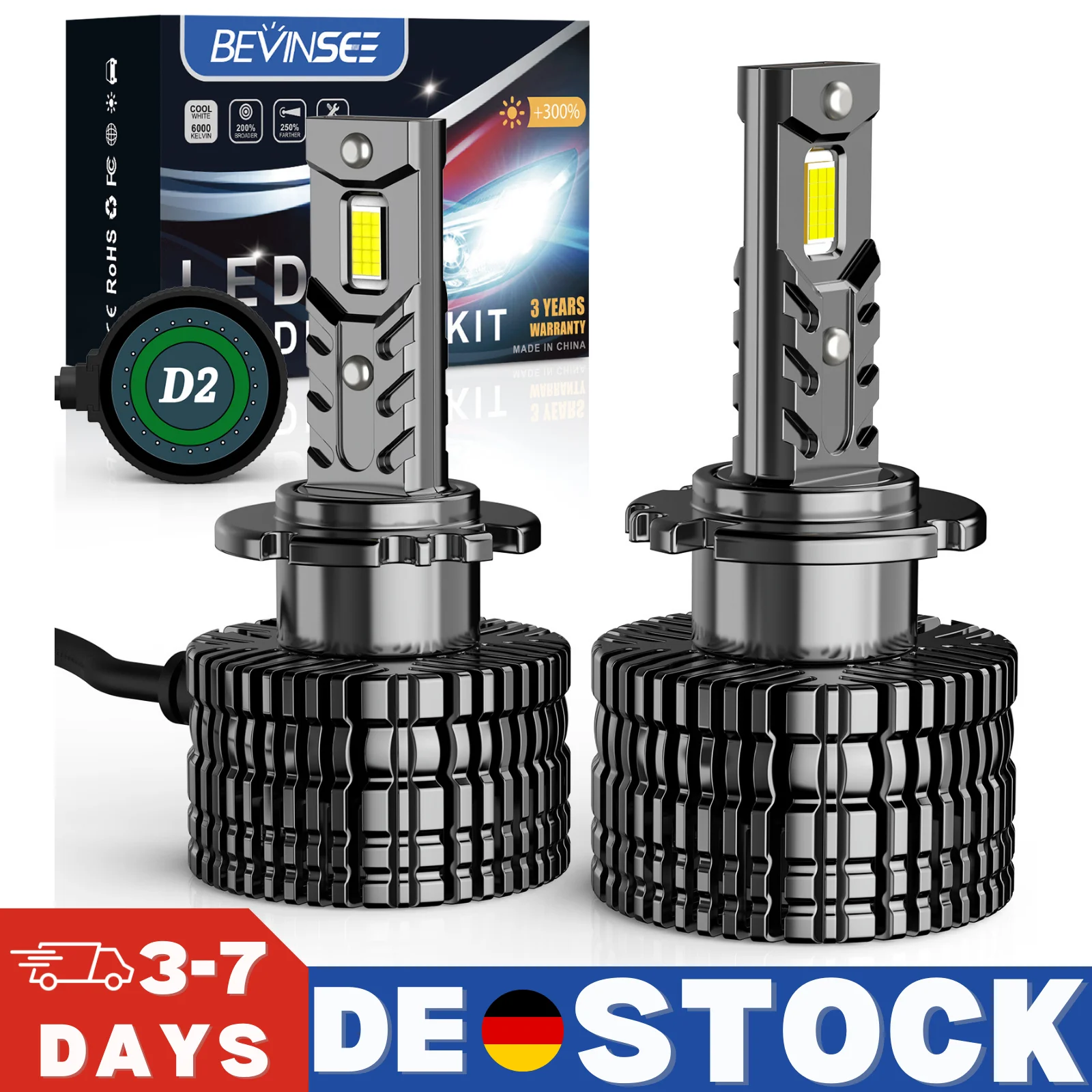 BEVINSEE D2S LED Headlight HID 70W 7000LM CANBUS No Error D2R Car Headlamp Xenon HID Replacement Plug&Play 6000K White Light 12V