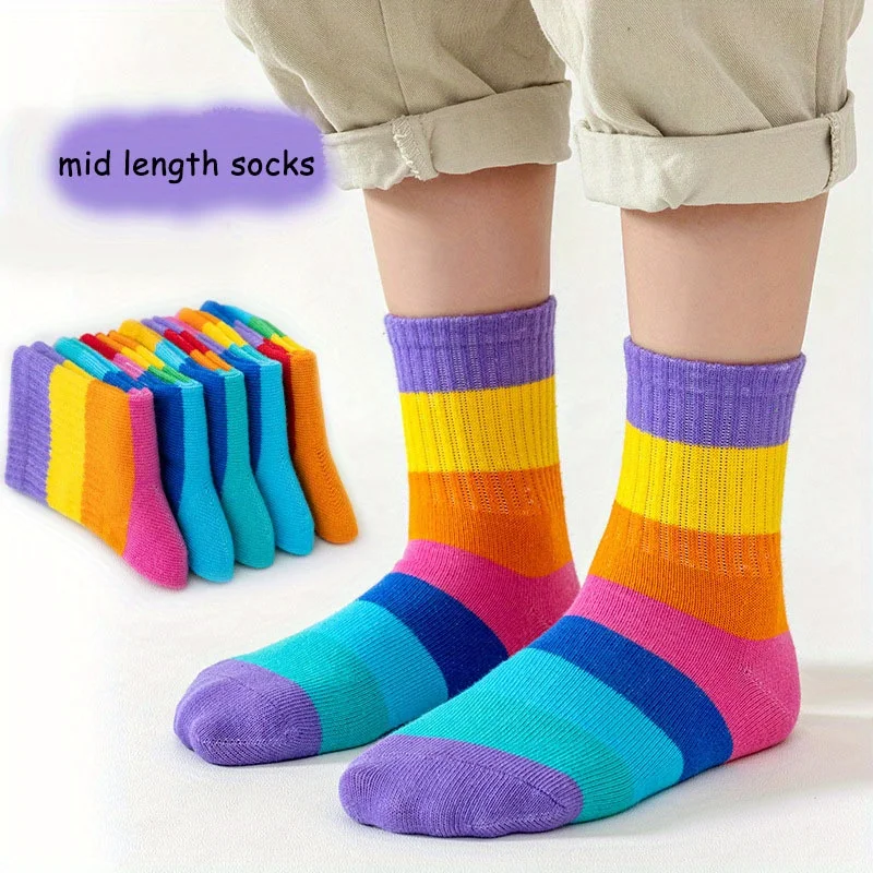 5 Pairs Children Colorful Rainbow Stripe Socks Soft Cotton Daily Sports Mid-Calf Socks for Boys Girls