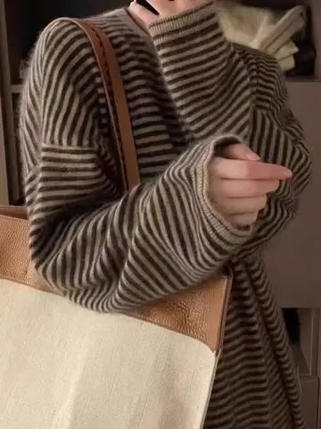 Lazy and Comfortable 100% Pure Cashmere Straight Striped Dress Joker Knit Bottoming Shirt Sweater Skirt in Autumn and Winter