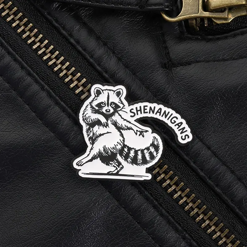 Raccoon Shenanigans Enamel Pin Vintage Black White Woodcut Style Brooch for Denim Jacket Backpack Hat Quirky Funny Gift