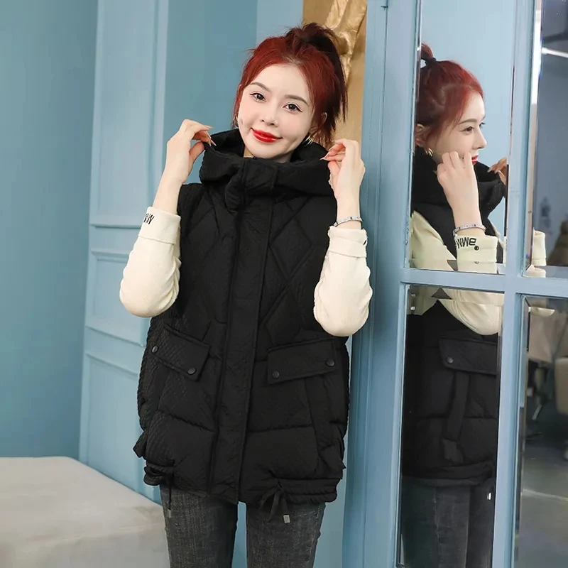 New 2024 Autumn Winter Puffer Vest Women Loose Hooded Sleeveless Short Vest Jackets Cotton Padded Winter Waistcoat Ladies Tops