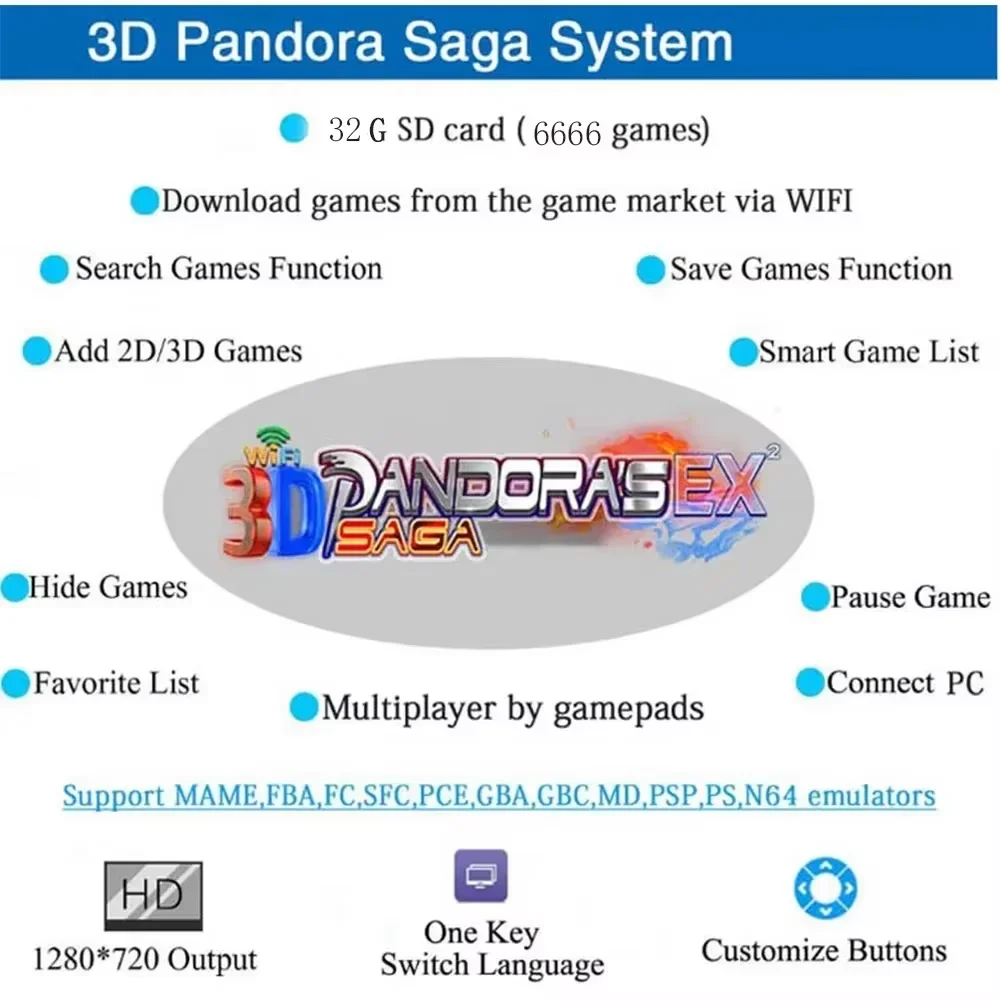 6666 WiFi Pandora Saga 3D EX Box S812 CPU 32G Add Games DIY 8 Way Joystick HAPP Push Button Arcade Game Console Cabinet Bartop