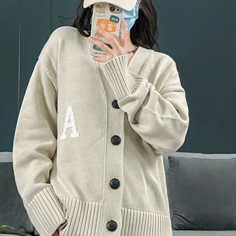 Couples Wear Knitting Cardigans Letter 2024 V-neck Sweaters Women Solid Color Casual Wool Knitted Tops Men Clothing Cotton Loose