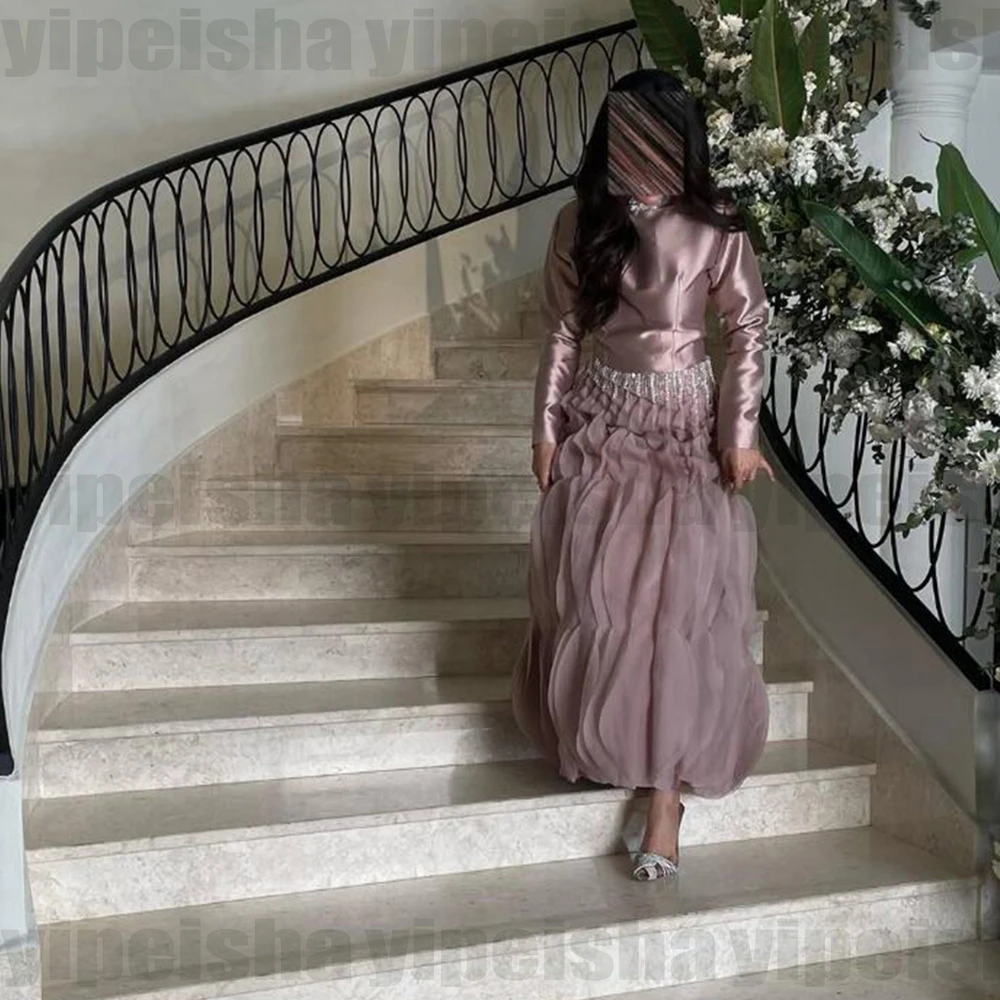 

Customized Scoop Neck Straight Evening Dresses Full Sleeve Ruched Lace Sequined Long Prom Gown Modern Bespoke Occasion Dress