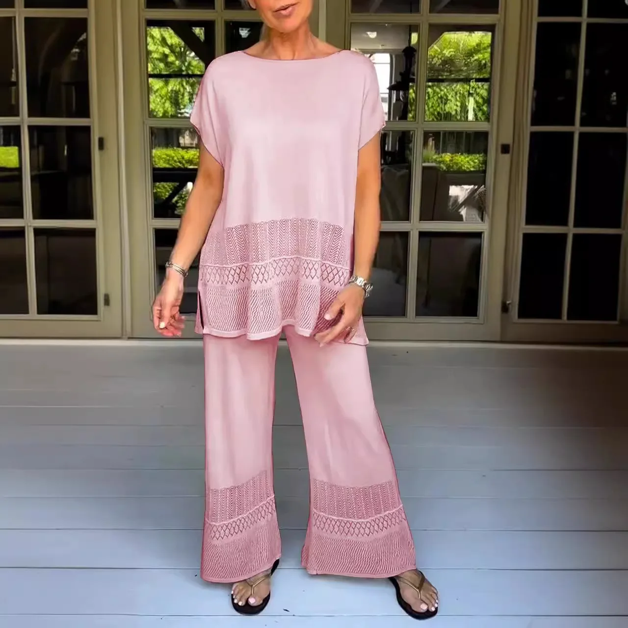 

Loose Casual Two Piece Set Fashion O-neck Short Sleeve Hollow Side Split Pullover High Waist Wide Leg Pants Set For Women