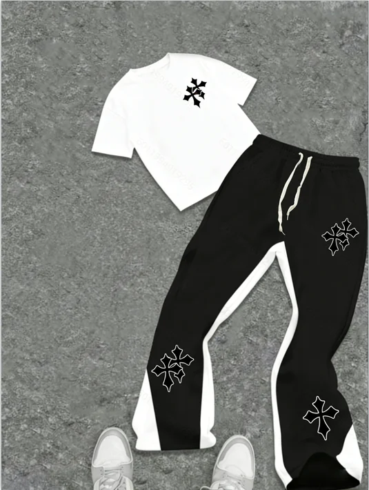 

Black and White Street Style Cross Badge Casual Outfit, Y2K Gothic Cross Badge Flared Pants Set