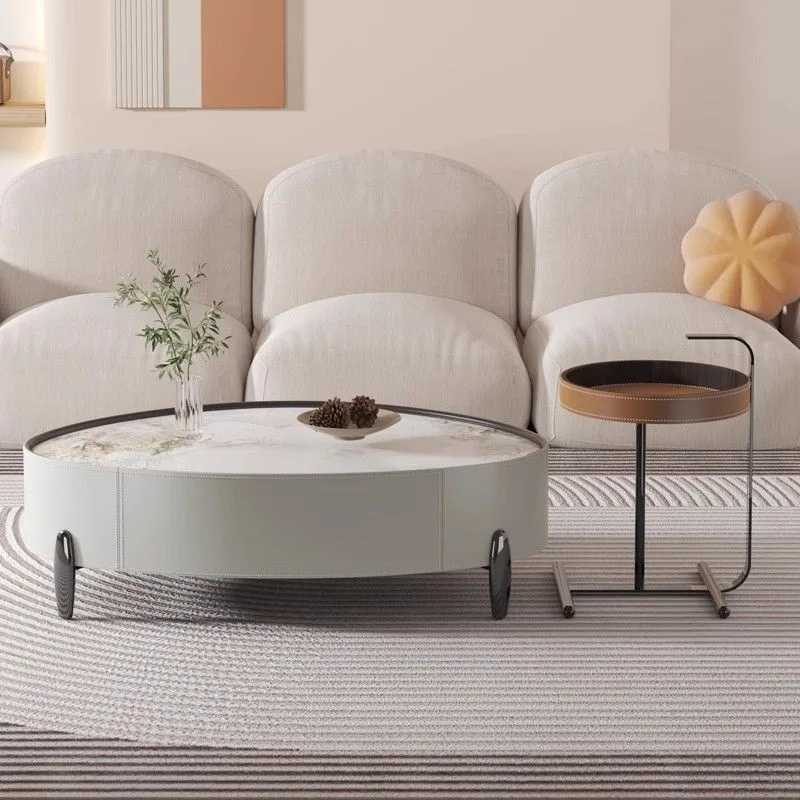 

ins round rock slab modern coffee table combination small apartment simple cream saddle leather solid living room home