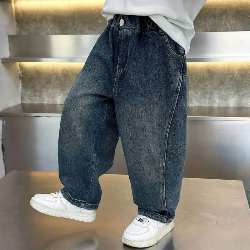 

UNITIM/Детские джинсы для маленьких мальчиков, осенние однотонные простые джинсовые штаны для маленьких мальчиков, универсальные шаровары с эластичной резинкой на талии для маленьких мальчиков