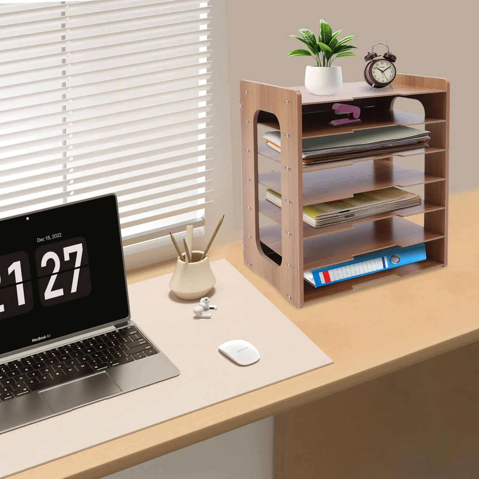 

Bymaocar 7 Tiers Wood Desktop Multifunctional Paper Book Organizer File Document Storage Shelf for Home Office 4-5kg Capacity