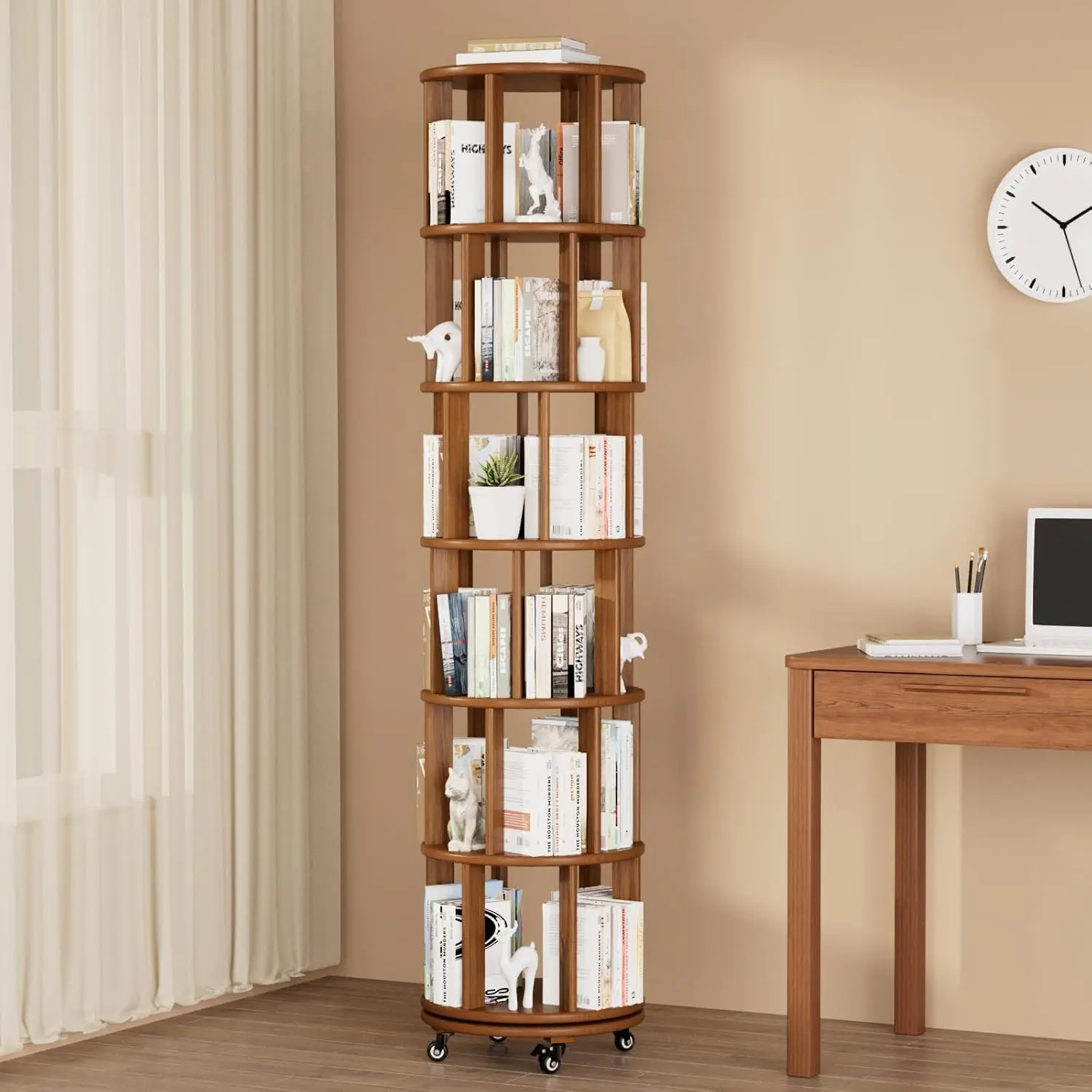 

6-Tier Rotating Bookshelf Tower with Wheels, Walnut Wood Round Spinning Bookcase for Bedroom, Living Room, Office