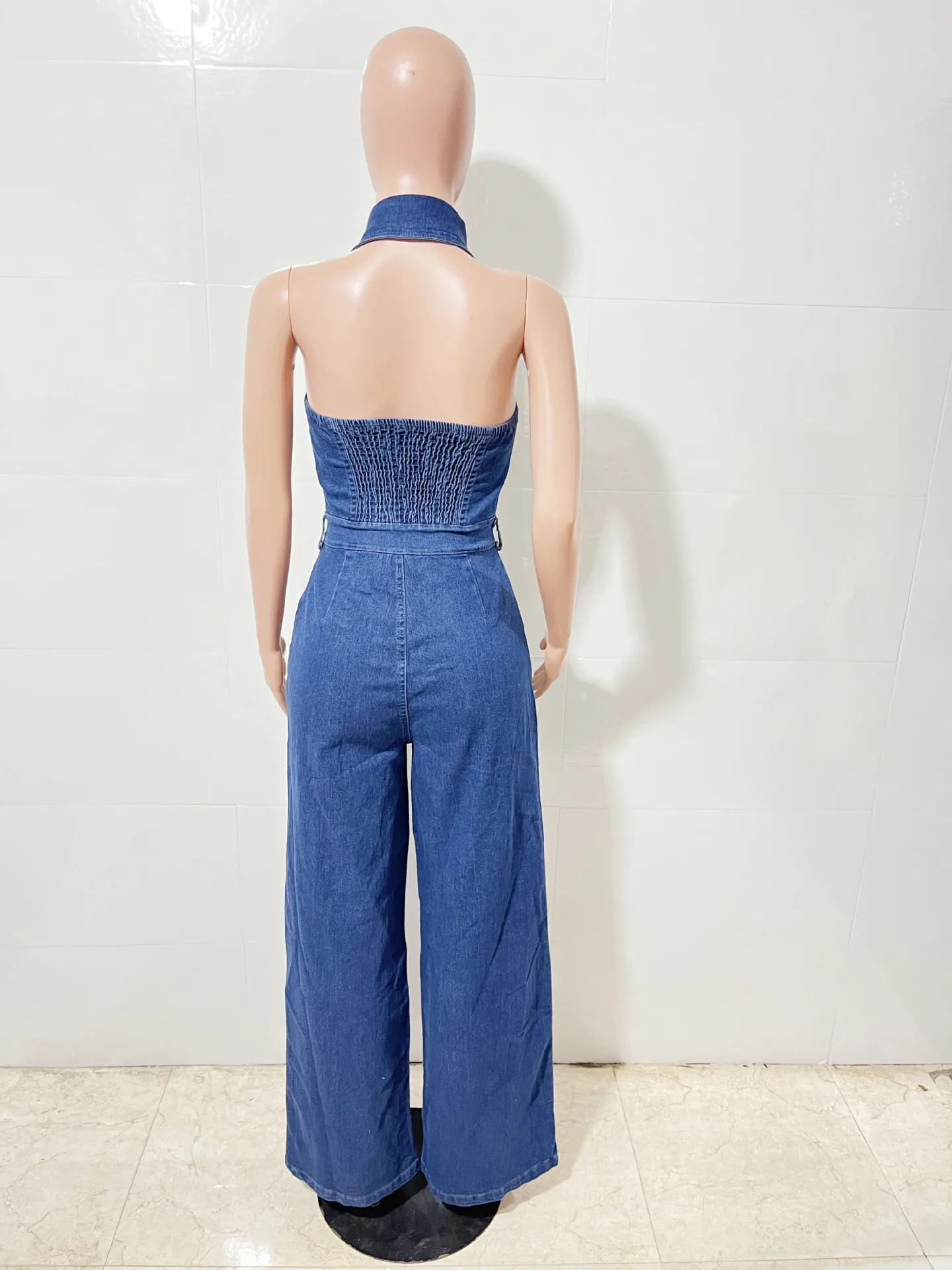 Sorella Star Tuta da donna All'ingrosso Denim Moda Alta elasticità Sexy Backless Risvolto Pantaloni a gamba larga Tuta da pendolare senza maniche
