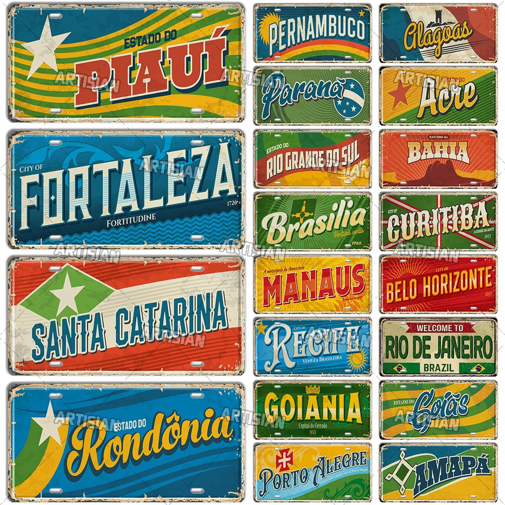 Artisian BRAZIL Landmark License Plate City Metal Tin Plaque State Metal Sign Wall Decor Garage Bar Pub Club Hotel Cafe Kitchen