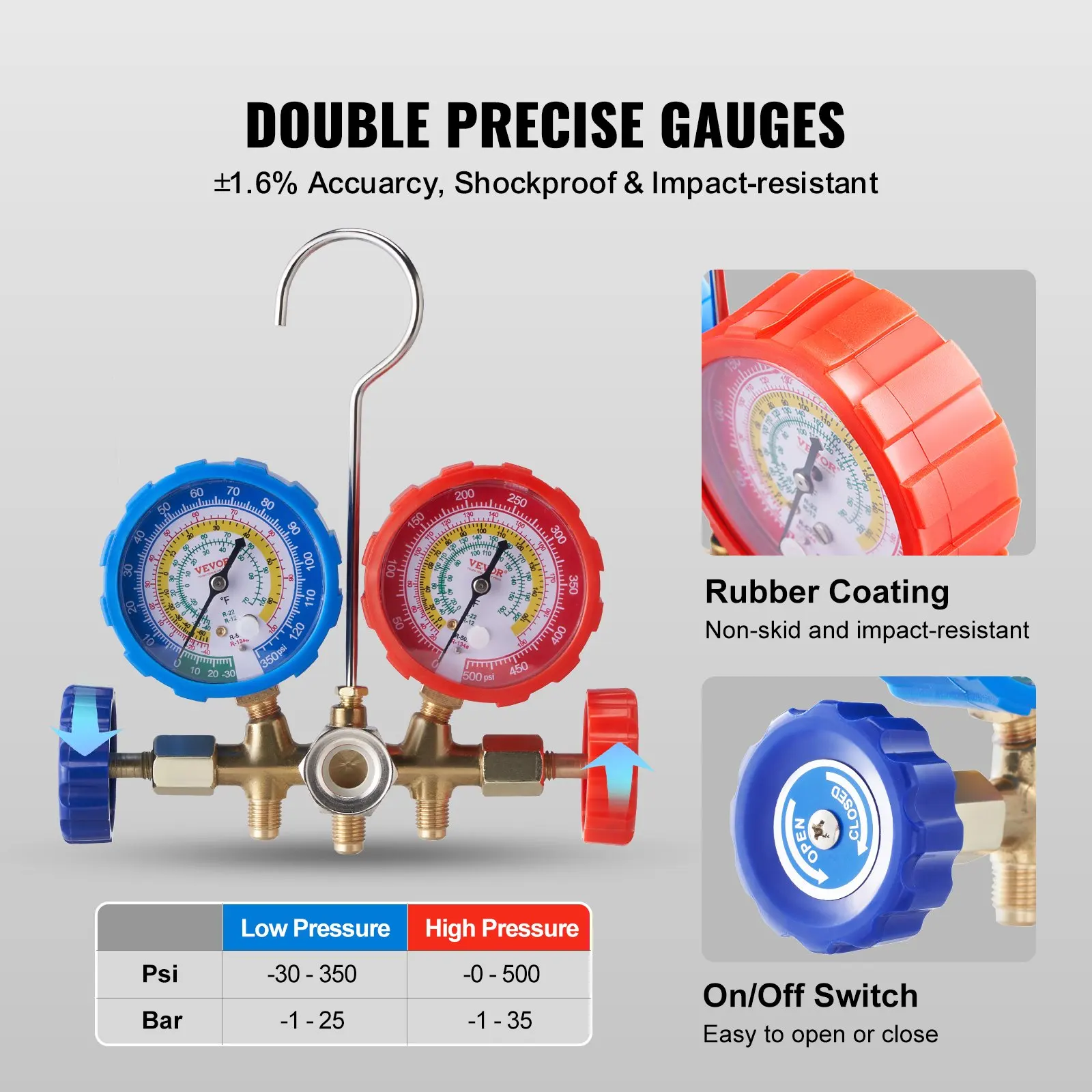 AC-Messgerät-Set, 3-Wege-AC-Verteiler-Messgerät-Set für R134A, R22, R12, R502, Kältemittel, kann auf dem Auto-Freon-Laden und -Evakuierung getragen werden