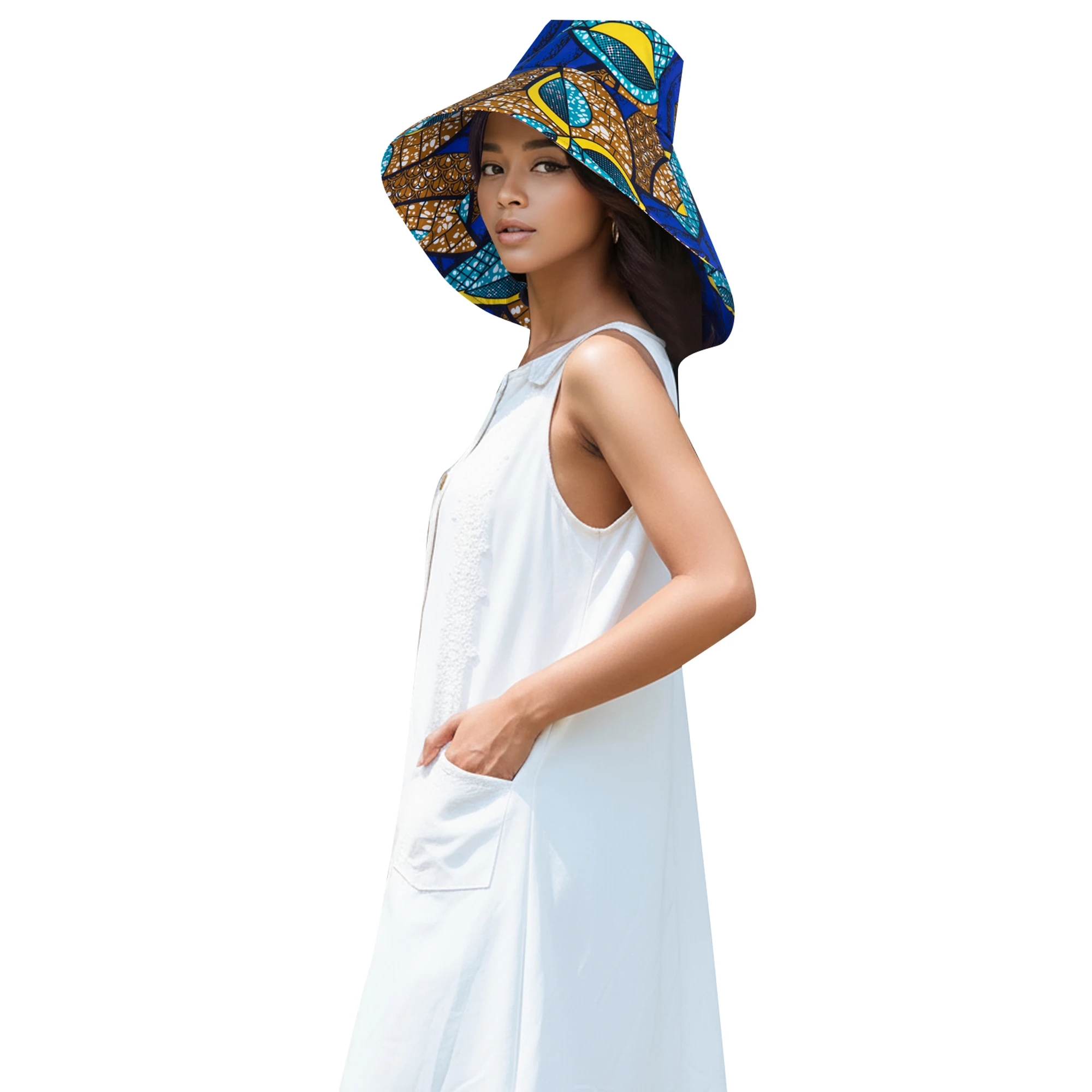 

Women's African Ankara Summer Sun Hat Colorful Reversible Foldable Wide Brim Fabric Beach Church Party Cap KGB56