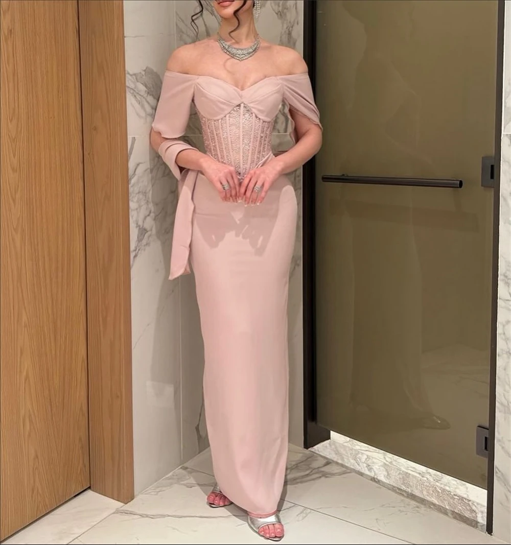 

Customized Simple Pink Jersey Evening Dress Formal Sweetheart Off the Shoulder Celebrity Gowns Sexy A-Line Beading Party Dresses