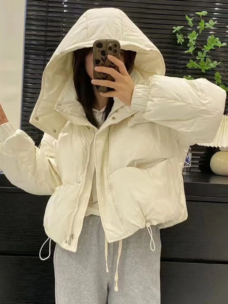 

White Duck Down Coats Winter Women Loose Hooded Zipper Short Jacket Casual Thicken Warm Puffer Coat Korean Fashionable Clothing