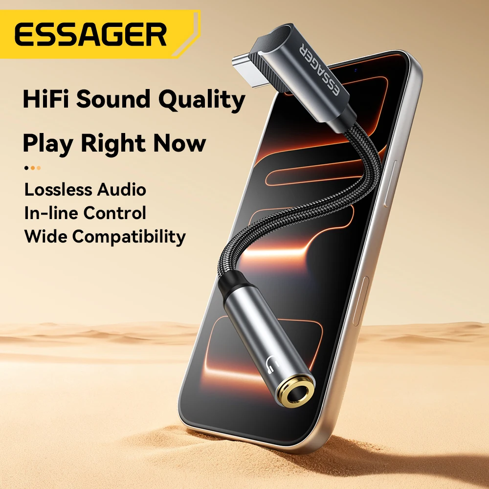 Essager Type C to 3.5mm Elbow Adapter USB C Cable IP to 3.5mm Headphone Elbow Adapter Earphone Audio Cable For iPhone Xiaomi