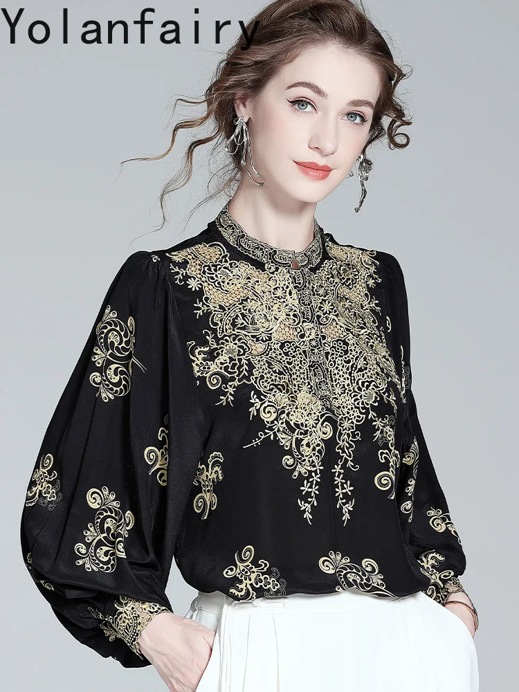 Yolanfairy high-end 100% genuíno seda amoreira camisa feminina bordado camisas de manga longa mulher vintage topos blusas estilo tribunal