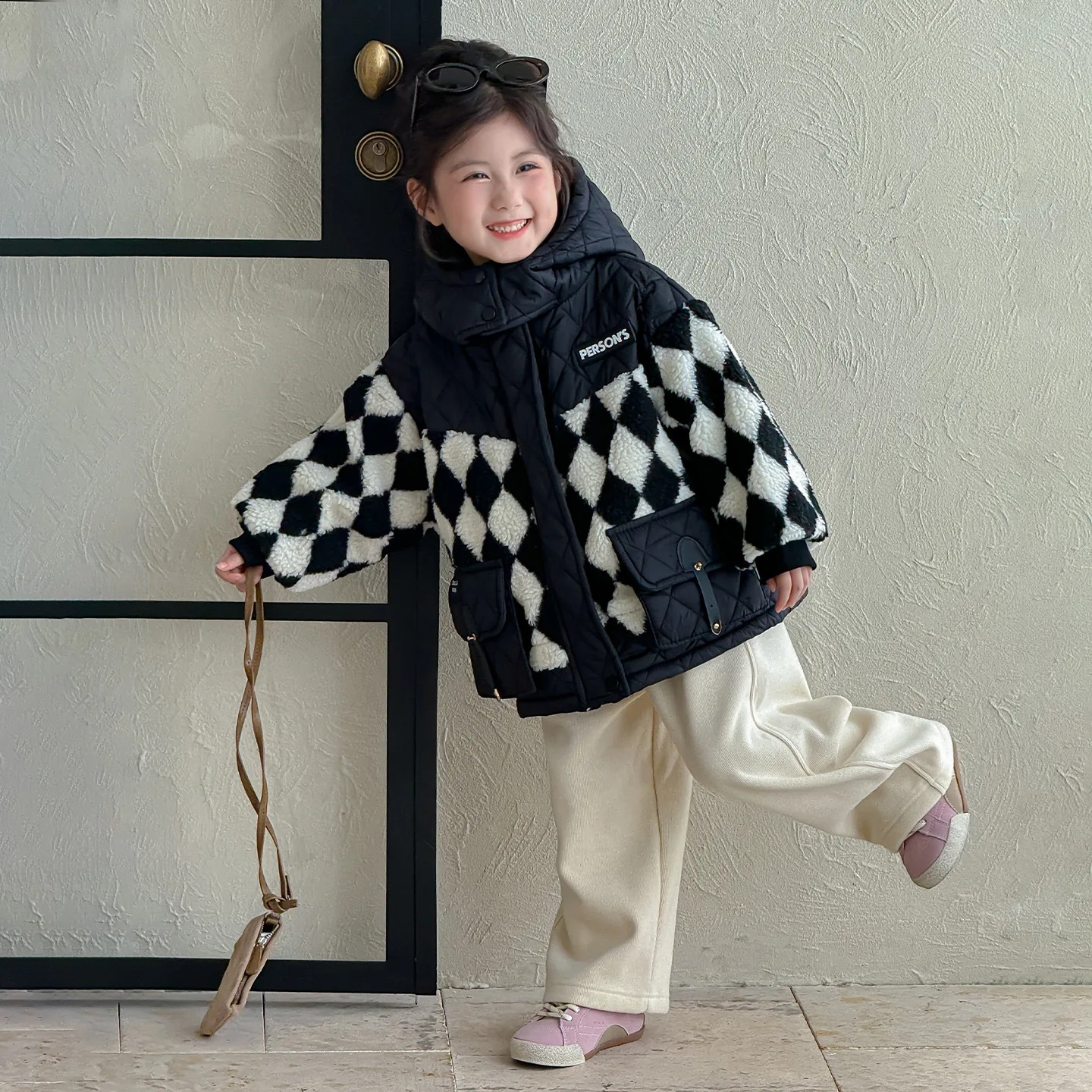 Winter Children Girls Parkas Cotton Padded Argyle Spliced Toddler Kids Girls Jackets Hooded Thick Warm Baby Girls Outerwear Coat