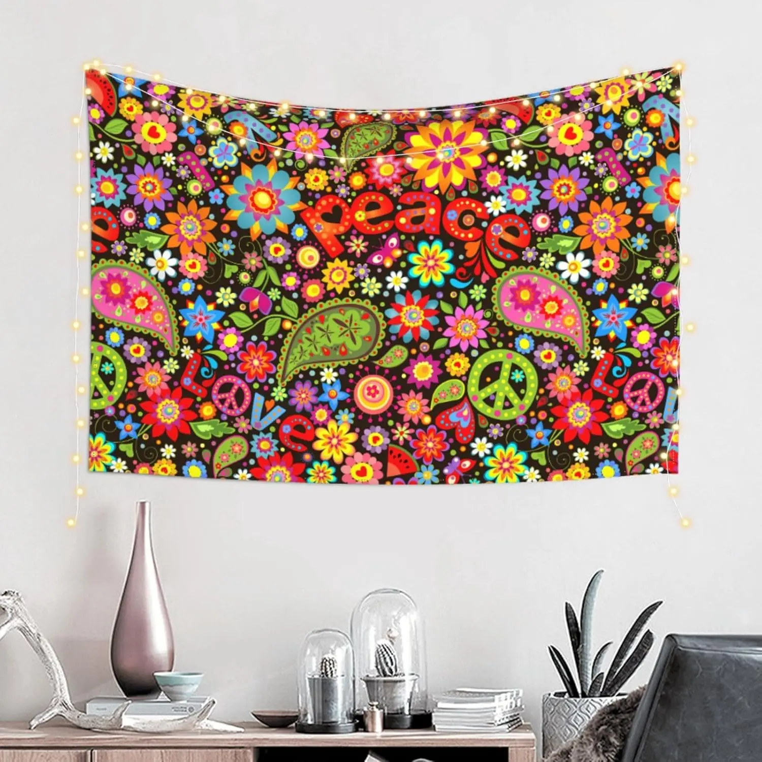 Boho Floral Peace Tapestry Wall Hanging Boho Flower Decor for Living Room Bedroom Hippie Style Colorful Bohemian Tapestry Canvas