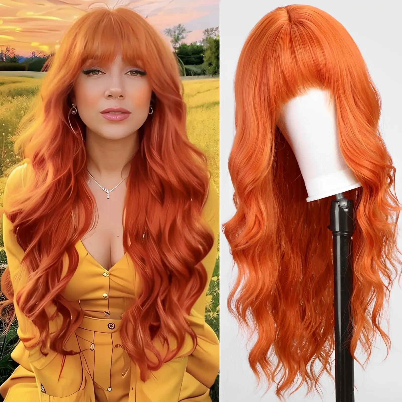 Orange 26-Inch Synthetic Wig with Big Waves for Halloween Cosplay, Role-Playing, Daily Party, High-Temperature Hair Accessory.