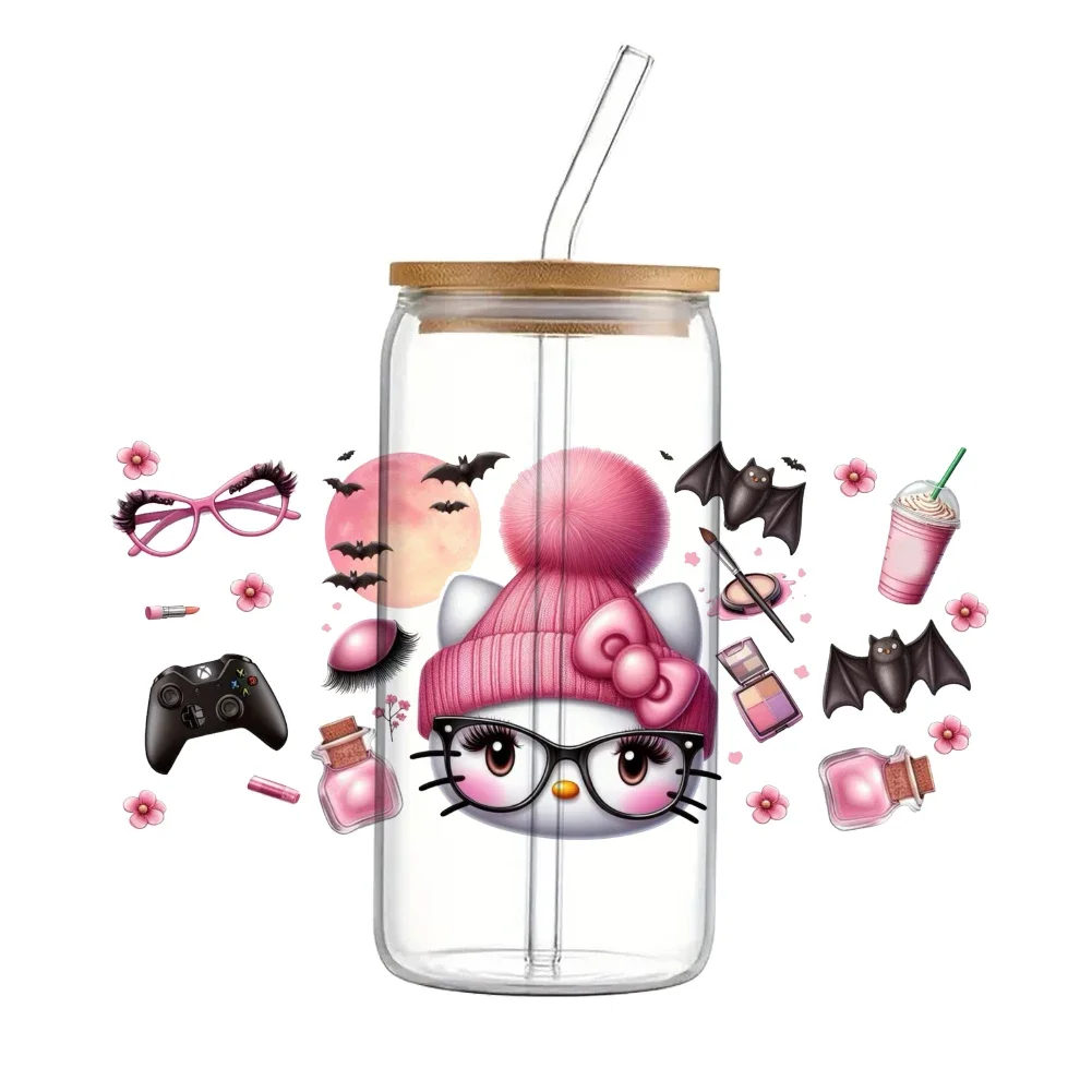 Super Cute Hello Kitty Funny For 16oz Can Glass 3d Waterproof Uv Dtf Coffee Can Wrap Glass Wrap Stickers Decoration for Grils