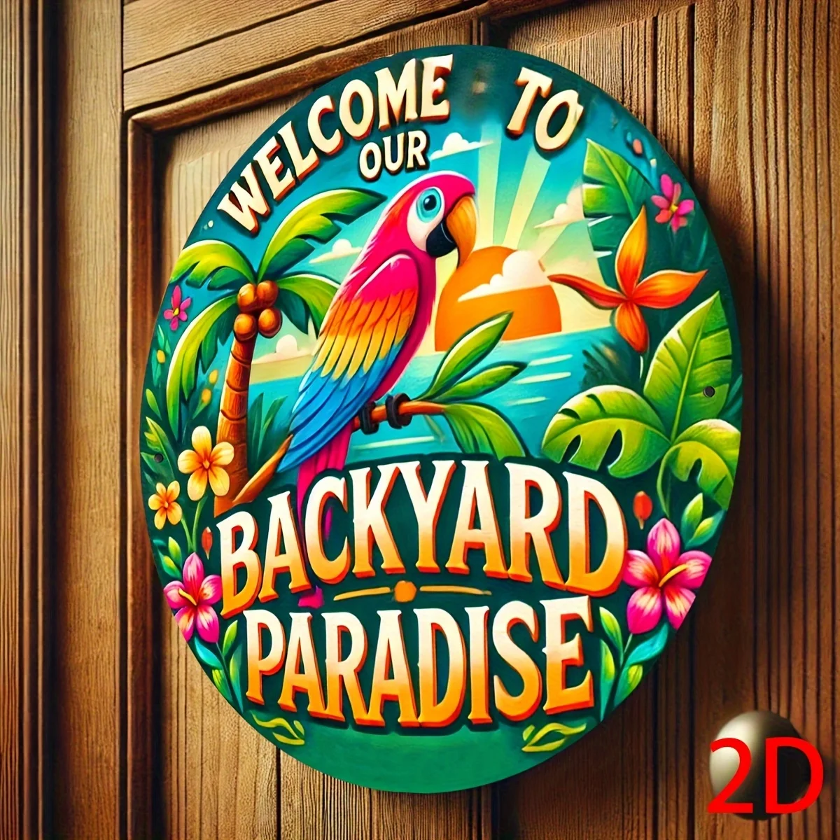 Vintage Tropical Welcome Sign - Parrot & Palm Tree Metal Wall Art, 7.8