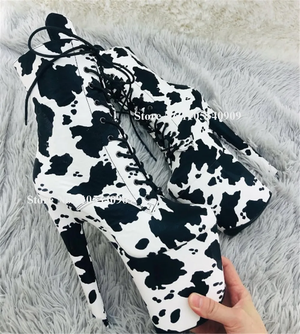 Bondarenko Fashion Zebra Pattern Suede Stiletto Heel Short Boots Round Toe Lace-up High Platform 20cm Thin Heel Dance Shoes