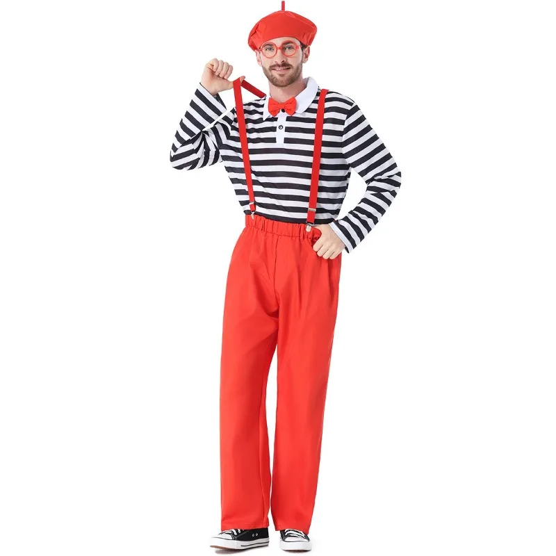 

Men Black White Striped Top Red Suspender Pants Set Wally Cosplay Carnival Party Role Play Costume