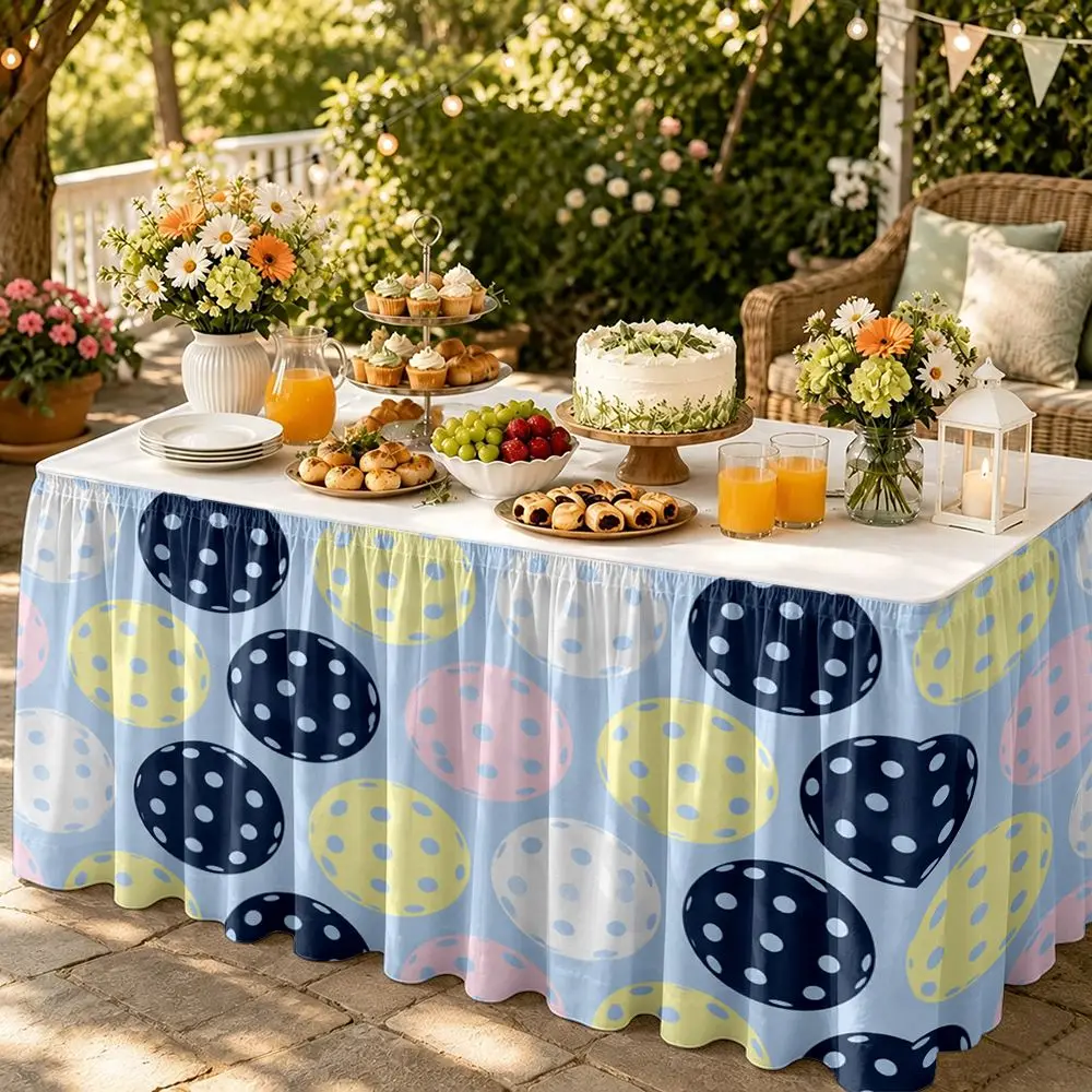 One table skirt, with a light blue base and 2D printed polka dot pattern, suitable for home decoration and festive occasions.