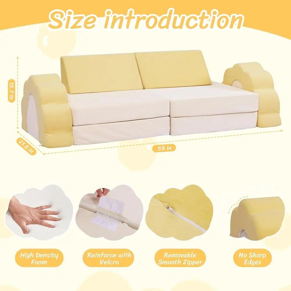 طقم أريكة للأطفال الصغار مكون من 10 قطع، أريكة إسفنجية متعددة الوظائف لغرفة اللعب بحجم متوسط، أصفر وبيج #2