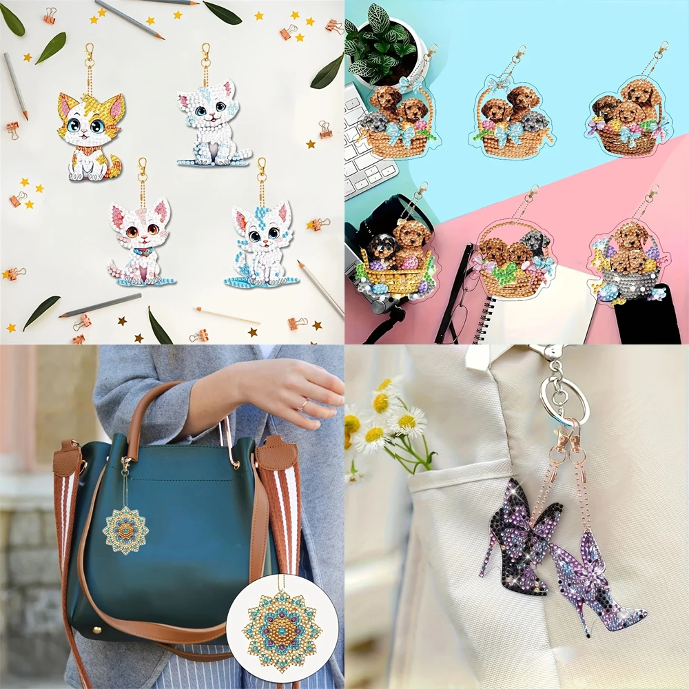 6Pcs/SetDIY Diamond Painting Keychain - Animal, Mandala Pattern, DIY Decoration, Diamond Kit Craft Supplies, Handmade Mosaic Pai view 3