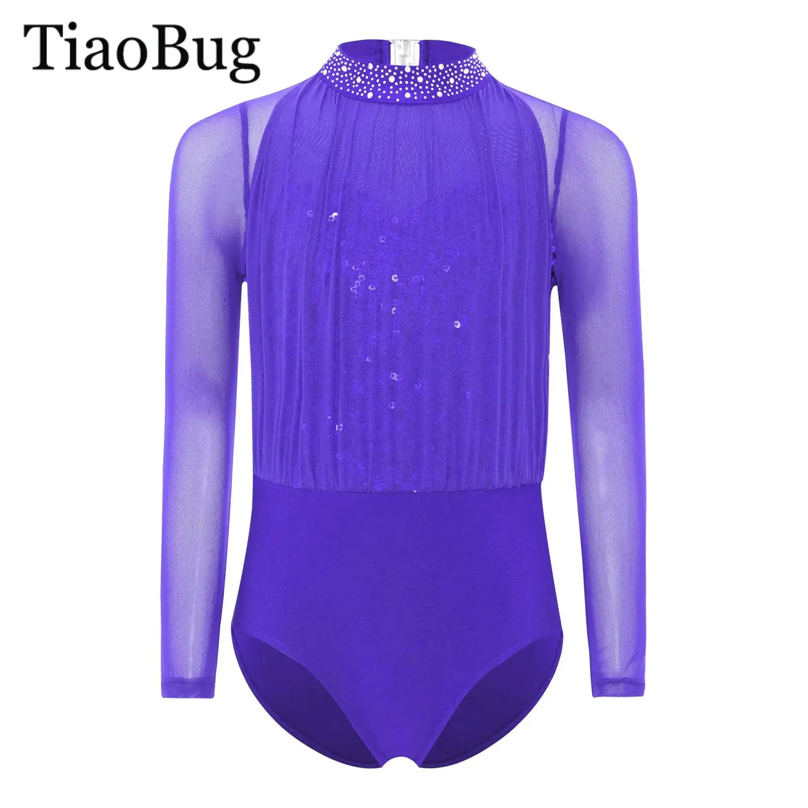 

Girls Rhinestones Gymnastics Ballet Leotard Long Sleeve Sheer Mesh Sequin Dance Bodysuit Figure Skating Jumpsuit Unitard Clothes