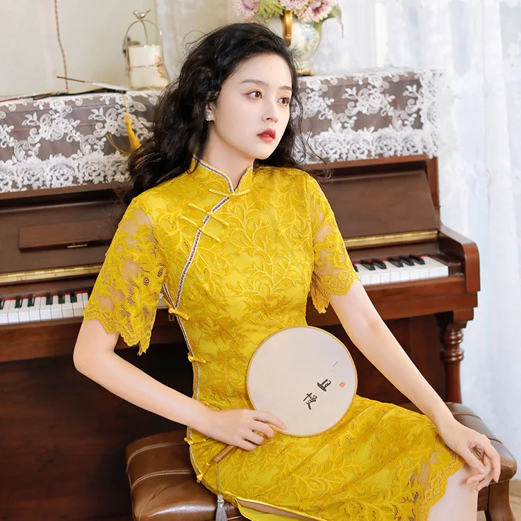 Summer Autumn New Style Fashion Lace Cheongsam Mid-Length Double Layer Improved Slim-Fitting Daily Banquet Women's Dress