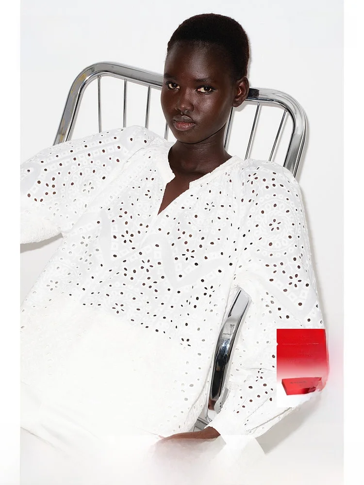 

Женская блузка H&M, весенняя, с V-образным вырезом, ажурной вышивкой, вставками на плечах, длинными рукавами, свободного кроя, повседневная, 100% хлопок