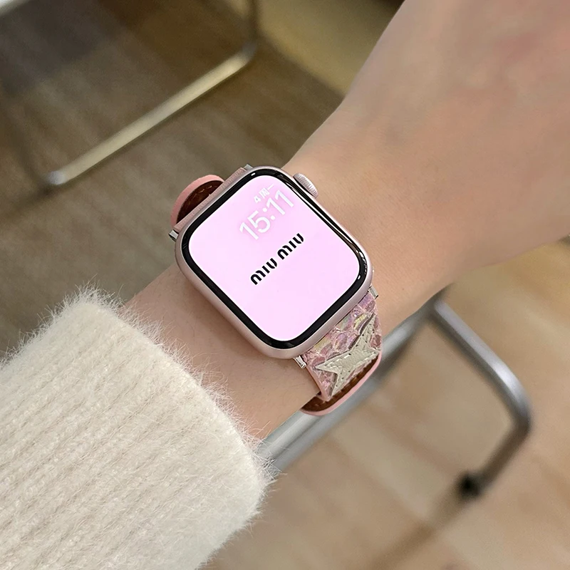 Ремешок кожаный с заклепками Star для Apple Watch Band 40 мм 41 мм 38 мм 44 45 Ultra 49 мм, женский браслет для IWatch Series 9 8 7 SE 6