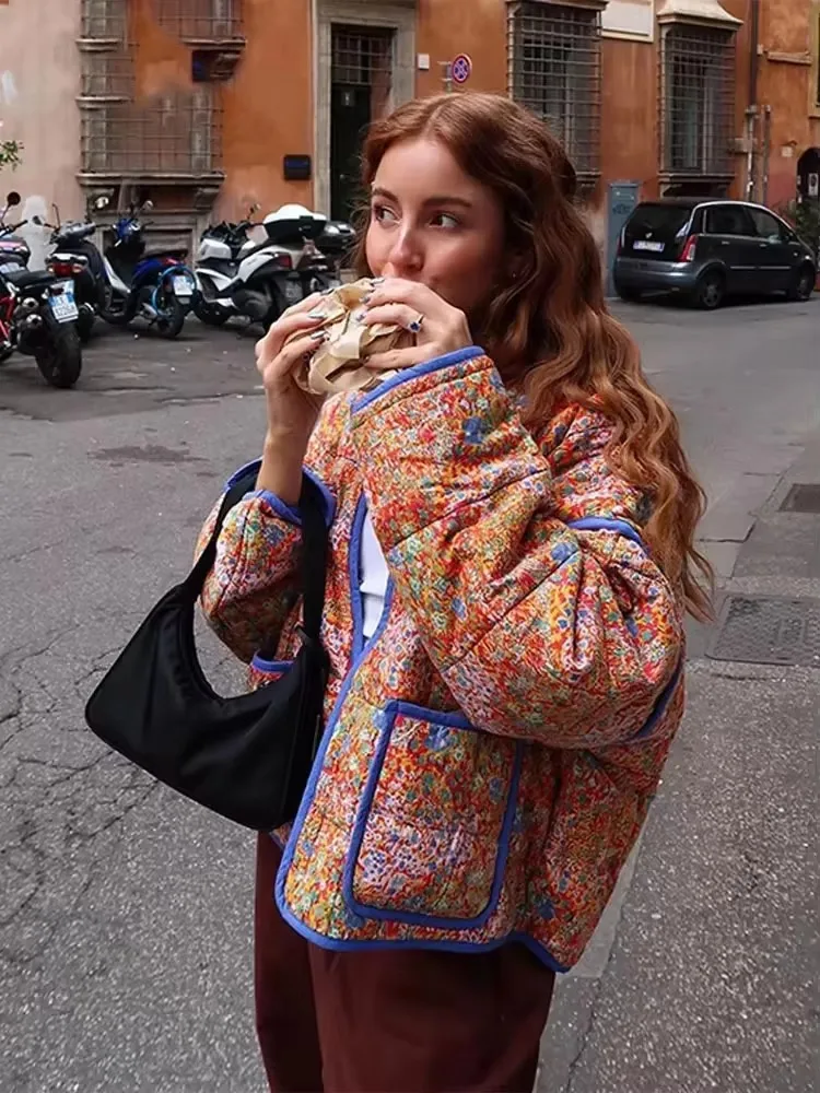 

HH женская повседневная куртка с цветочным принтом и воротником-стойкой, карманное женское пальто с длинными рукавами, осень 2024, винтажная женская верхняя одежда