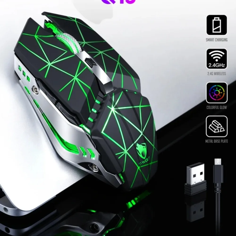 Q15 2.4G Wireless Mouse RGB Backlight 6 Buttons USB Rechargeable Silent Mechanical E-Sports Gaming Office Mouse for PC Laptop