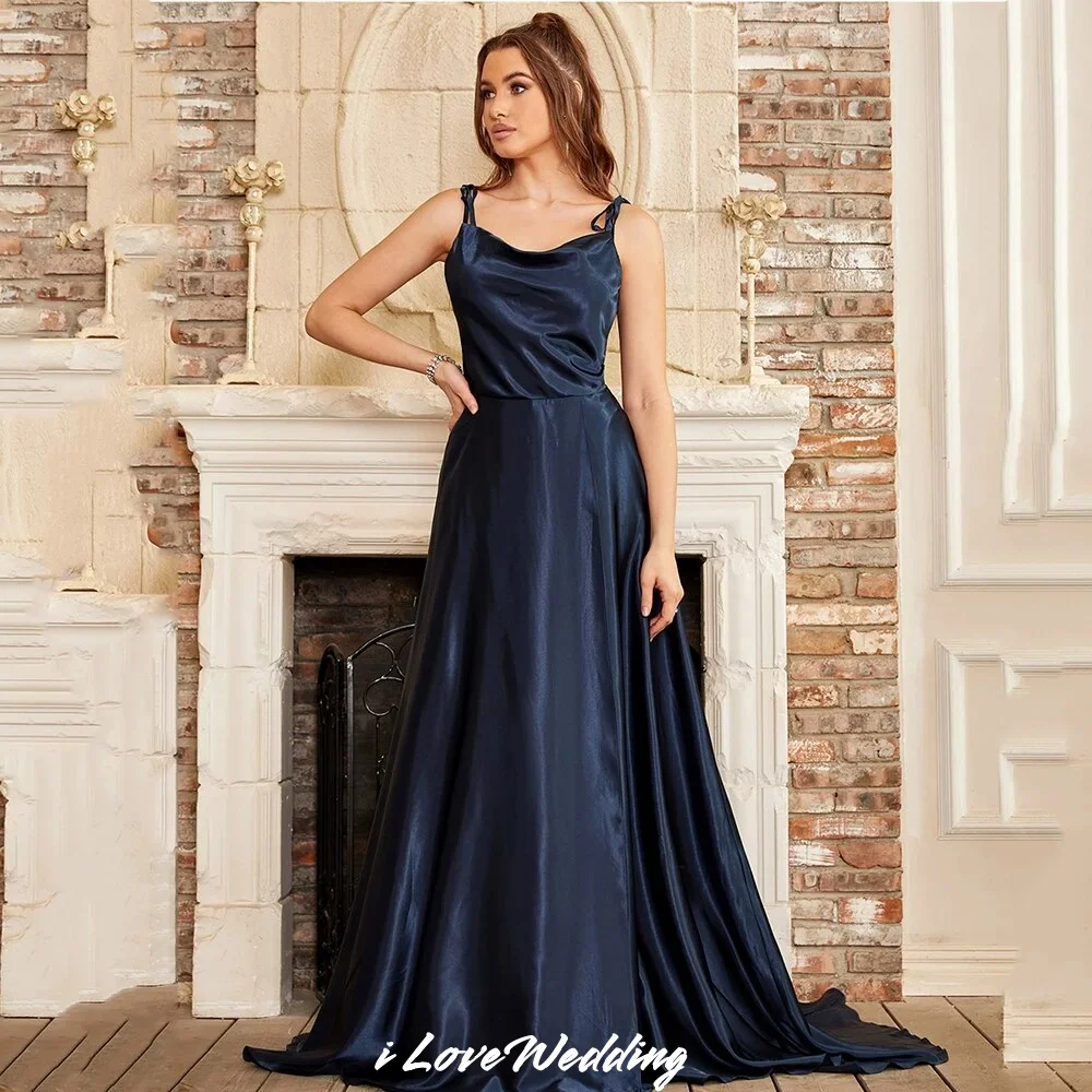 

Sexy Spaghetti Strap Satin Evening Dress Boat Neck Side Slit Sweep Train Sleeveless Back Zipper Wedding Guest Dress Customized