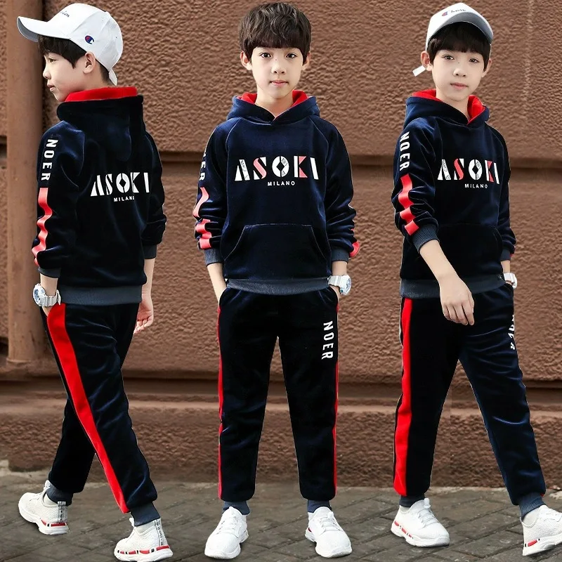 2-個子供服セット両面ベルベットファッションレターパーカーコート-パンツキッズボーイズトラックスーツ秋冬