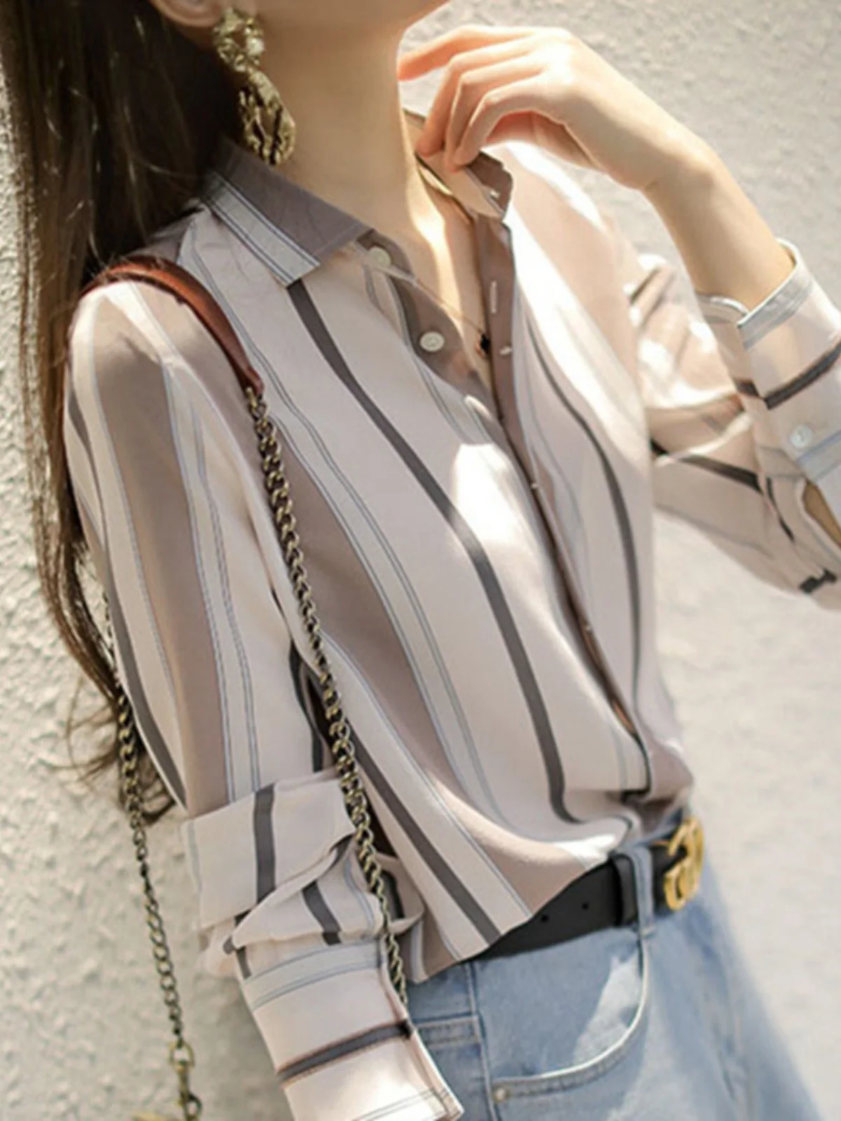 

Ele Silk irt Women's Faion Abstract Stripe Print Tagl Straight Cut Long Sve Collar Commute Sle Spring 2024