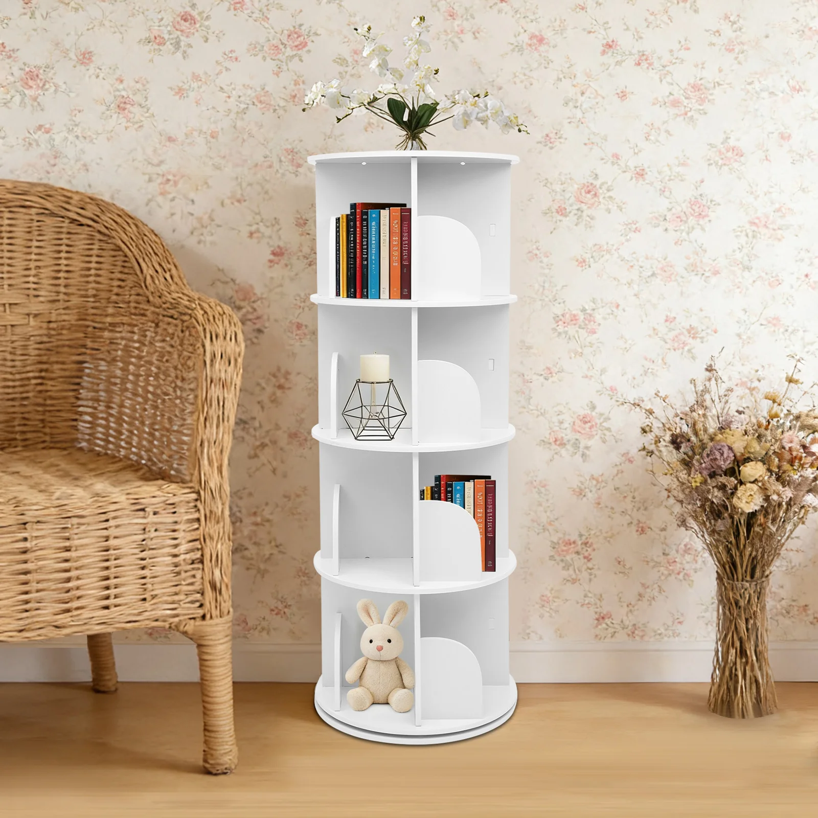 

4-х уровневая вращающаяся книжная полка на 360 градусов ° Вращающаяся витрина с колесиками, полка для хранения 16 кубов для книг, игрушек, домашней библиотеки, белый цвет