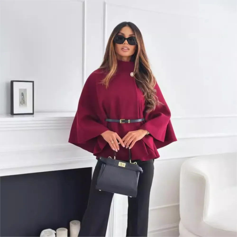 Fashionable And Elegant Bat Sleeve Coat For Women 2024 New Winter Fashion Solid Color Waist Strap Woolen Cloak Coat Outwear Tops