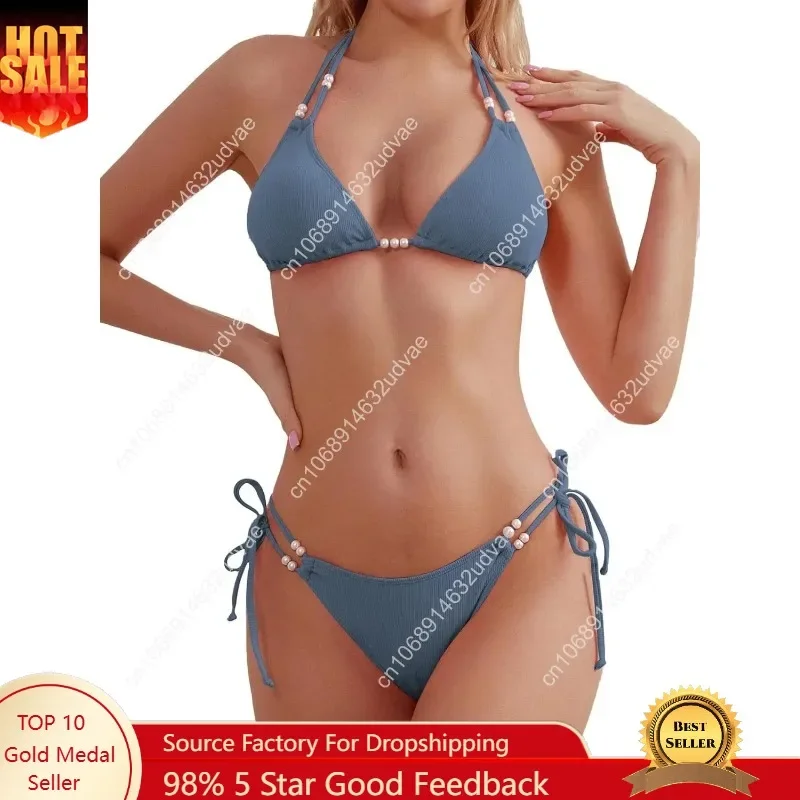 TASHEHE Women's Triangle String Bikini Set Sexy Tie Side Two Piece Swimsuit Cute Halter Bathing Suit