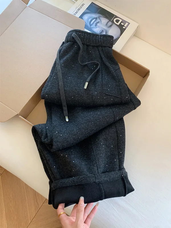 

Утепленные повседневные брюки больших размеров с флисовой подкладкой для женщин, зимние теплые длинные брюки свободного кроя с декором в виде страз